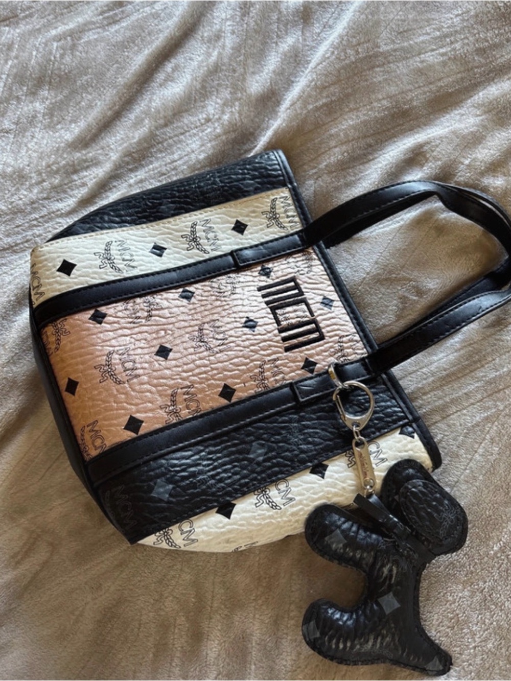 MCM Toni Visetos Mix Black, Brown & White Mini Shopper Bag w/ Dog Keychain GUC